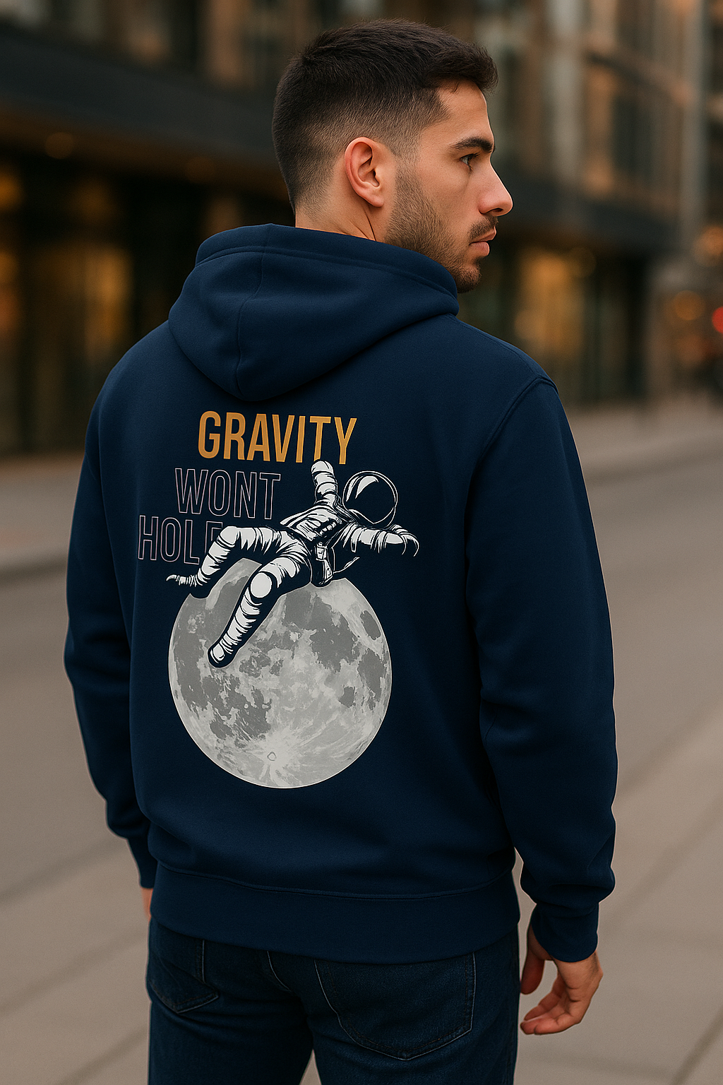 Gravity Won’t Hold – Astronaut Graphic Hoodie (Navy Blue)